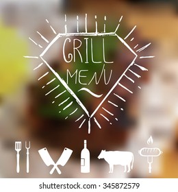 Template for barbecue menu. Logo with hand drawn elements and icons on blurred background.