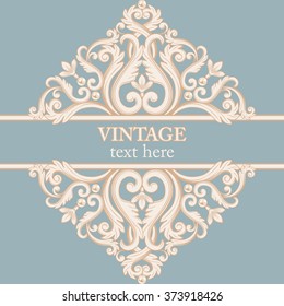 Template with baroque vintage element. Blue and beige pastel design.With pearls. Frame in vintage rich royal style. Vector illustration. Can use as for birthday cards, wedding invitations, banners 