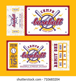 Template for baseball ticket. Graphic design with lettering