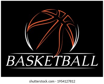 Template with basketball ball. Colored vector illustration. Black background. Element for design of brand team, business cards, site.