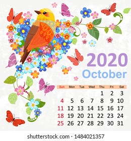 template with beautiful bird. Calendar for 2020, october