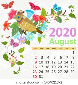 template with beautiful bird. Calendar for 2020, august