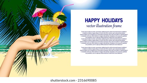 Vorlage mit einem schönen exotischen Strandhintergrund. Konzeptionelle Gestaltung eines Urlaubs- und Urlaubsvorschlags. Glückliches Urlaubsposter. Vektorgrafik.
