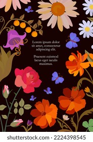 Template of beautiful floral card, packaging with bright flowers, berries, butterflies on black background and space for text. Vector illustration. Wedding invitation, greeting card, candy box cover.