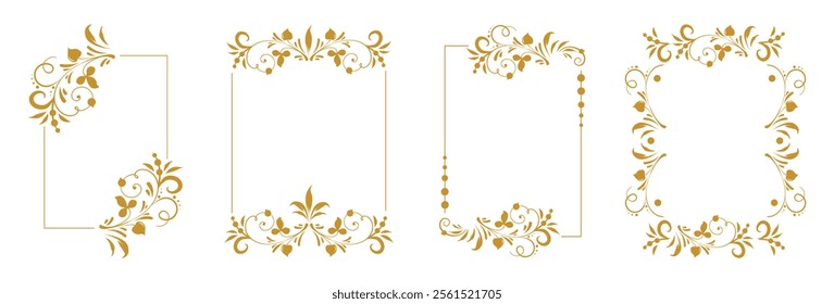 Template Beautiful floral square frames with vignettes. Slavic old Russian corners. Design of wedding invitations, anniversaries, congratulations. Vector isolated border.