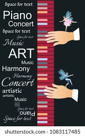 Template for a beautiful musical poster with abstract text, multicolored keyboard and small winged fairy and elf dancing on the hands of a musician isolated on a black background in vector.