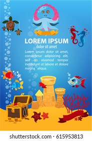A template of a beautiful poster in a cartoon style depicting the seabed and the octopus.