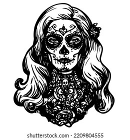 Template of beautiful woman with a rose in her hair and sugar skull makeup for Day of The Dead.