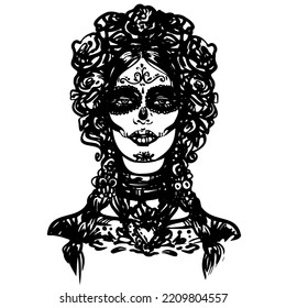 Template of beautiful woman with a rose in her hair and sugar skull makeup for Day of The Dead.