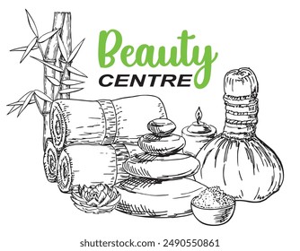 Template for beauty salon, cosmetic center, spa and wellness.  Spa poster, banner template. Vector illustration spa center lettering and ink hand drawn spa salon card.