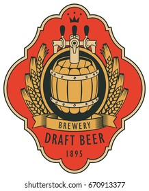 Template beer label with barrel, coat of arms, ears of wheat and ribbon in curly frame. Vector label for draft beer on red background in retro style