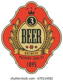 Template beer label with coat of arms, wreath of wheat and ribbon in curly frame. Vector label for beer or brewery on red background in retro style