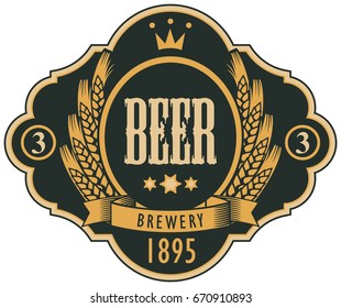 Template beer label with coat of arms, wreath of wheat and ribbon in curly frame. Vector label for beer or brewery on black background in retro style