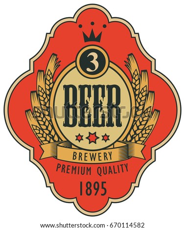 Template beer label with coat of arms, wreath of wheat and ribbon in curly frame. Vector label for beer or brewery on red background in retro style
