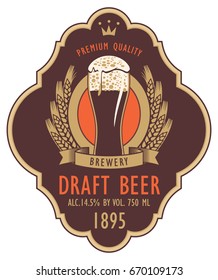 Template beer label with full beer glass, coat of arms, ears of wheat and ribbon in curly frame. Vector label for dark draft beer on brown background in retro style