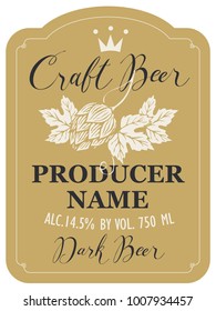 Template beer label with malt hops, crown and handwritten inscriptions in figured frame. Vector label for dark craft beer in retro style