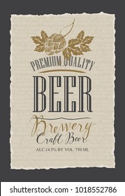Template beer label with malt hops and a handwritten inscription. Vector label for craft beer on the background of the manuscript with ragged edges in retro style
