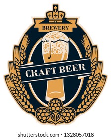 Template beer label with wheat or barley ears, hops and overflowing glass of frothy beer in oval frame. Vector label for craft beer in retro style in form of coat of arms