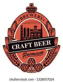 Template beer label with wheat or barley ears, hops, crown and with image of the building of the old brewery in oval frame. Vector label for craft beer in retro style in form of coat of arms