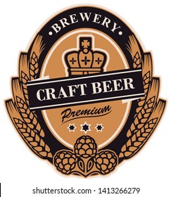 Template beer label with wheat or barley ears, hops and crown in oval frame. Vector label or banner for craft beer in retro style in form of coat of arms