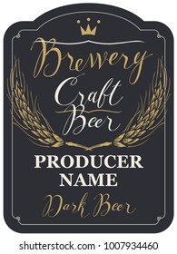 Template beer label with wheat ears and handwritten inscriptions in figured frame. Vector label for dark craft beer and brewery on black background in retro style