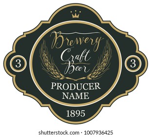 Template beer label with wheat ears, crown and handwritten inscriptions in figured frame. Vector label for craft beer and brewery on black background in retro style