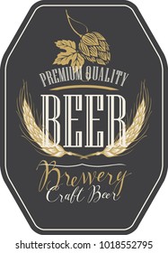 Template beer label with wheat ears, hops and handwritten inscriptions in figured frame. Vector label for craft beer in retro style