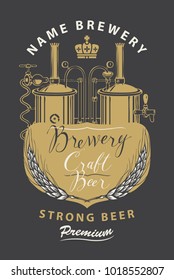 Template beer label with wheat ears, handwritten inscription and image of brewery production line and brewing equipment. Vector label or banner for strong craft beer in retro style