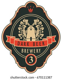 Template beer label with windmill, laurel wreath and ribbon in curly frame. Vector label for dark beer on black background in retro style