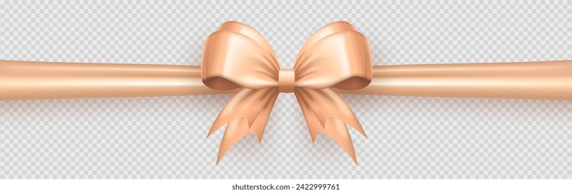 Template of beige realistic 3d bow with horizontal ribbon on transparent background. Cute glossy three dimensional bow knot with silk or satin tape as gift wrapping element or present decoration