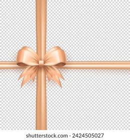 Template of beige realistic 3d bow knot with crossed ribbon on transparent background. Cute pastel three dimensional criss cross tied gift bow with silk tape  for present wrapping or greeting postcard