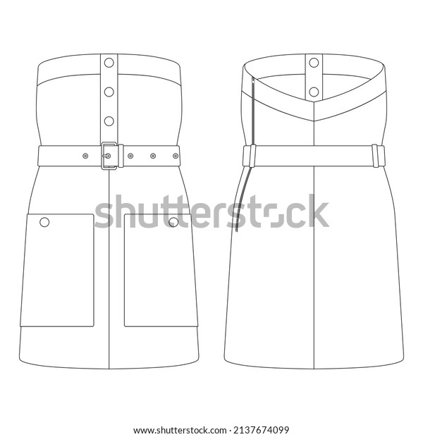 Template belted bustier dress\
with pockets vector illustration flat design outline clothing\
collection