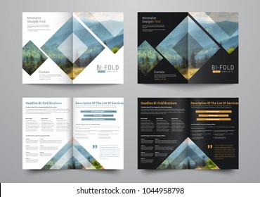 Template of the bi-fold brochure with rhombuses and triangles for the photo. The design of the vector booklet is black and white for business, advertising and printing.
