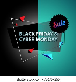 Vorlage für den großen Verkauf im November. Cyber Monday und Black Friday Design für Poster, Karten oder Banner. Verkaufsphrase im 3D-Stil geschrieben. Vorlage mit geometrischen Formen, Vektorgrafik