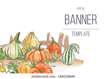 Template with big pumpkins. Autumn background 