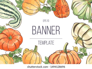 Template with big pumpkins. Autumn background 