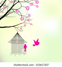 Template with with  birdcage and birds - vector illustration