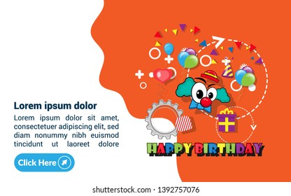 template of birthday greeting card. card with clown, balls, gift, colored text.