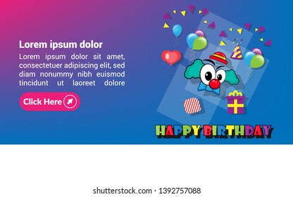 template of birthday greeting card. card with clown, balls, gift, colored text.