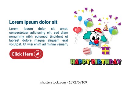 template of birthday greeting card. card with clown, balls, gift, colored text.