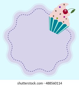Template for birthday invitation,postcard with purple frame and muffin