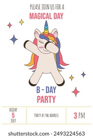 Plantilla de tarjeta de invitación de fiesta de cumpleaños con baile Unicornio. Diseño invitar a volante con animal mágico. Simple Ilustración vectorial plana estilo Groovy. EPS 10