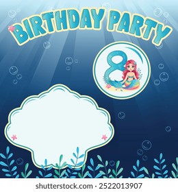 Template for birthday party invitation with cute mermaid girl and sea shell and pearl underwater. Vector Illustration in flat cartoon style