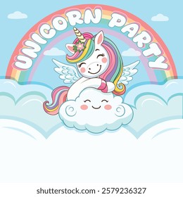 Template for Birthday party invitation with cute unicorn hugs cute cloud. Vector illustration in flat cartoon style