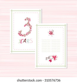 Template. birthday, wedding. Three years. pink flowers on a white background. Background, card, banner, invitation. Set.