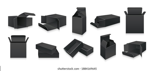 Template black 3D box mockup set. Blank realistic product packaging gift boxes collection. Opened, closed paper package. Realistic cardboard with shadow for design or branding. Vector illustration