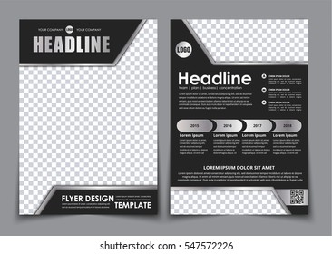 Template black A4 brochure with chrome elements. Design 2 pages flyer with image place, with diagrams and YyR code. Vector illustration. Set
