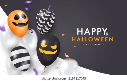 Template black banner with 3d balloons with faces. Happy Halloween. Vector Illustration