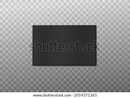 Template of black blank textile clothing label or badge with copy space for data placing, realistic mockup vector illustration isolated on transparent background.