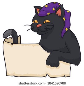 Template with black cat wearing a starry wizard hat behind an ancient scroll, over white background.